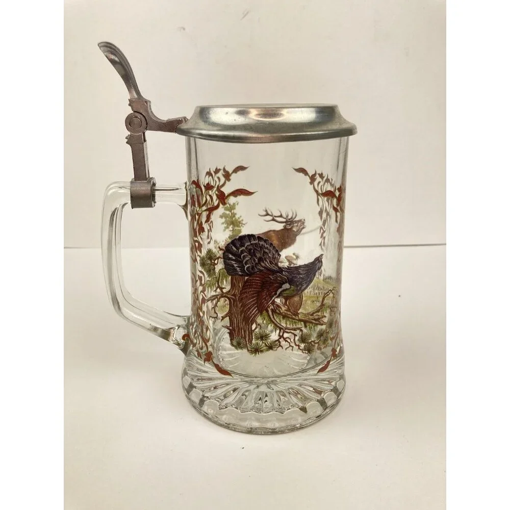 Set of 7 Vtg Glass Beer Stein Silver Top Colored Wildlife Forest Scene 6.5